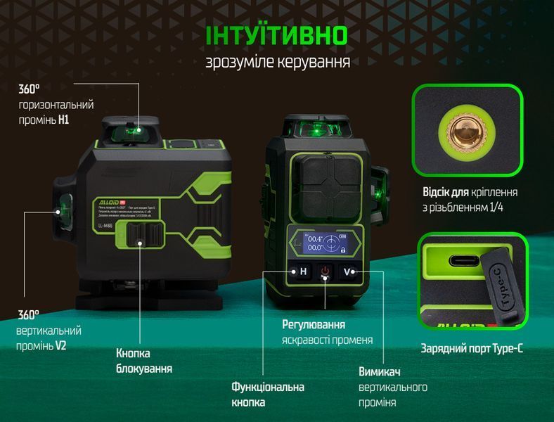 Лазерний рівень Alloid Pro LL-4466 / 16 ліній 4D / Нівелір зелений Osram, 2 акумулятори LL-4466 фото