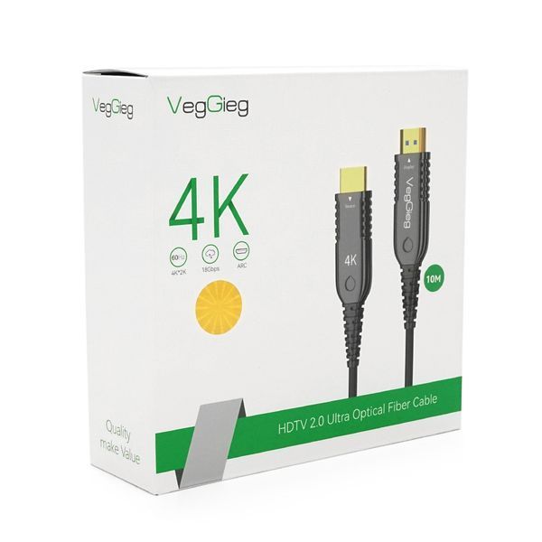Кабель VEGGIEG V-H707 HDMI-HDMI 4K / 60Hz 3840*2160.3D,HDR, ARC, Optical Fiber Cable, 10.0m, 19+1Wire, 18gbps, Black-Metal, Box YT43877 фото