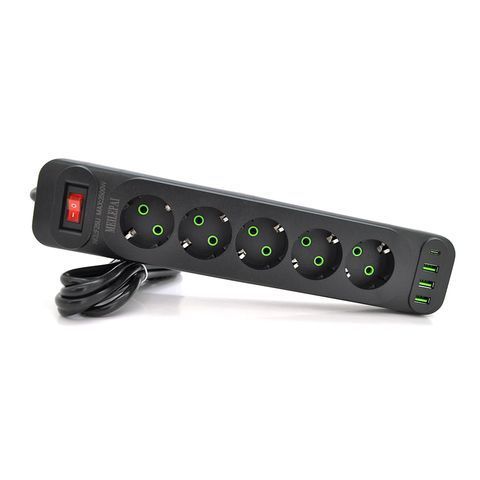 Мережевий фільтр F25U, 5 розеток EU+3 USB+PD, кнопка включення з індикатором, 2 м, 3х0,75мм, 2500W, Black, Box YT31694 фото