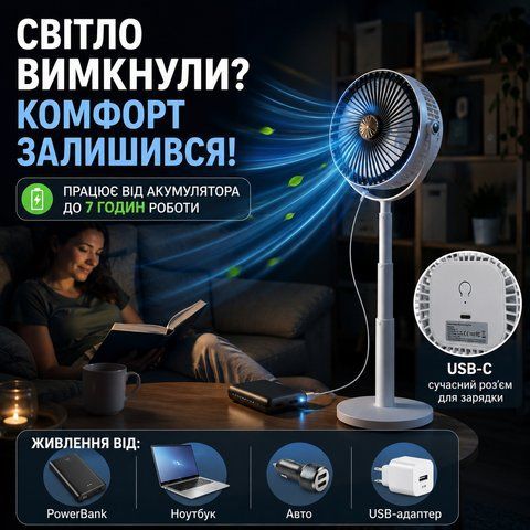Аккумуляторный вентилятор 4 в 1 с USB-C зарядкой - телескопический настольный и напольный V7771 фото