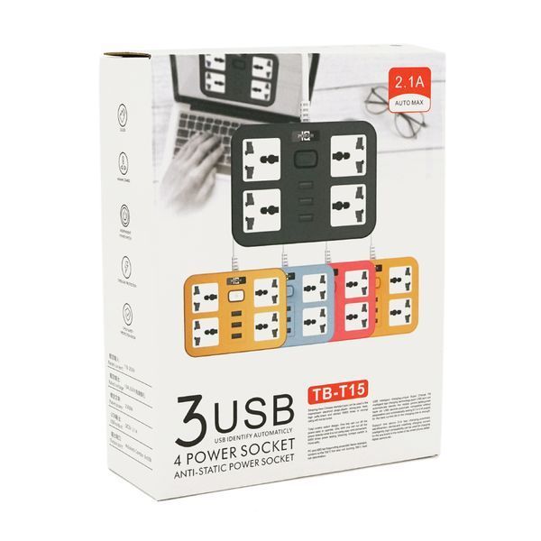 Мережевий фільтр ТВ-Т15, 4 розетки + 3 USB, 2 м, перетин 3х0, 75мм, 2500W, Black, Box YT7043 фото