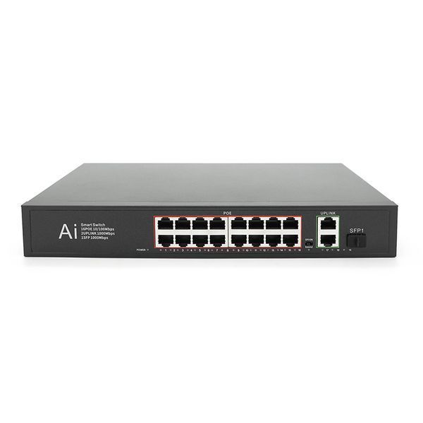 POE комутатор Merlion 16 POE 10 / 100 + 1 Single Fiber Tx 1310nm 20km + 2 RJ45 10 / 100 / 1000+ вбудований блок живлення 52V 4.8A YT23504 фото