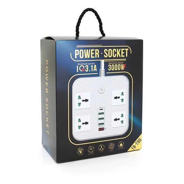 Мережевий фільтр ТВ-Т90, 4 розетки + 3 USB, 2 м, перетин 3х0, 75мм, 3000W, White, Box YT13084 фото