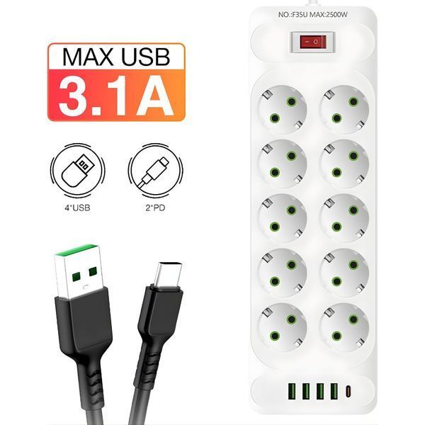 Мережевий подовжувач на 10 розеток + 5 портів зарядки (4 USB, 1 Type-C): фільтр живлення 5 метрів D10L 1163 фото