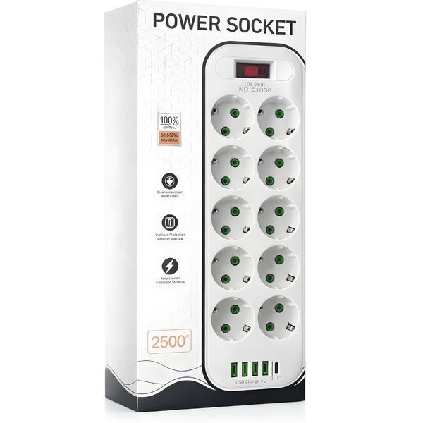 Мережевий подовжувач на 10 розеток + 5 портів зарядки (4 USB, 1 Type-C): фільтр живлення 5 метрів D10L 1163 фото
