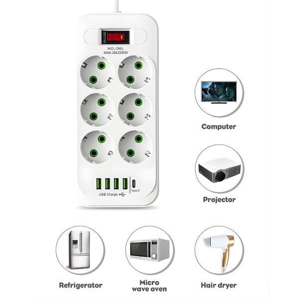 Мережевий подовжувач на 6 розеток + 5 портів зарядки (4 USB, 1 Type-C): фільтр живлення 5 метрів D6L 1164 фото