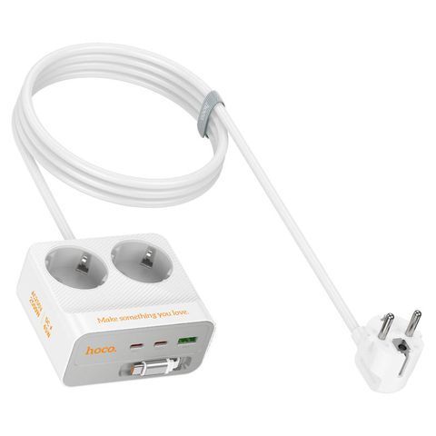 Мережевий фільтр HOCO AC28A на 2 розетки + 1 USB + 3 USB-C, 45W, 220В, кабель 2м, White, Box YT46166 фото