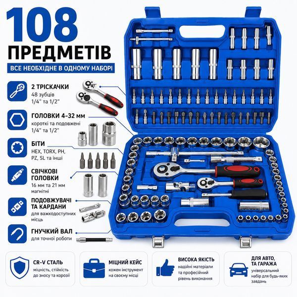 Професійний набір інструментів 108 предметів у кейсі TM-110 (Інструменти для авто) 802 фото