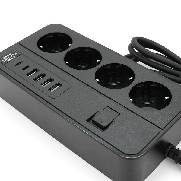 Мережевий фільтр із захистом від перенапруги G13, 3000W, 4 Socket + 4 USB 3,2 А + 2 Type-C, 2м, Black, Box YT33574 фото