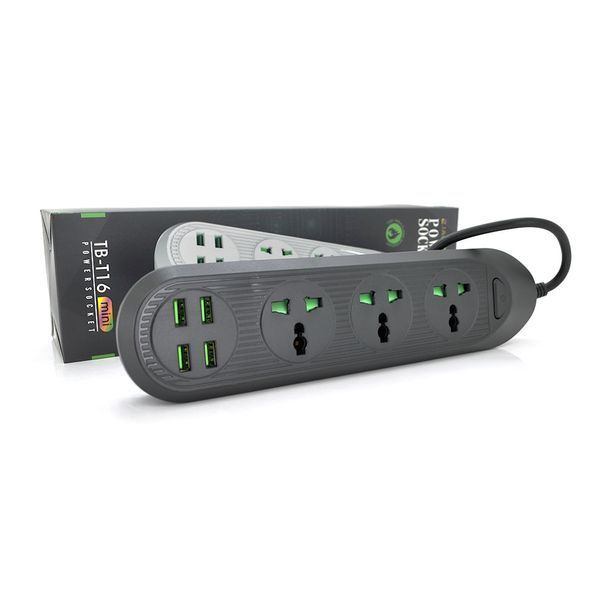 Мережевий фільтр ТВ-Т16mini, 3 розетки + 4 USB, 2 м, перетин 3х0,75мм, 3000W, Black, Box YT20009 фото