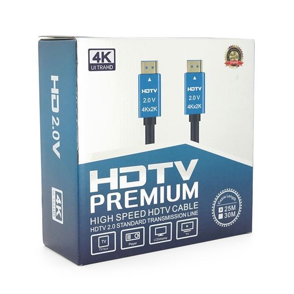 Кабель Merlion HDMI-HDMI 4Kx2K Ultra HD, 25.0m, v2,0, круглий Black, коннектор Blue, Blister-box, Q10 YT19123 фото