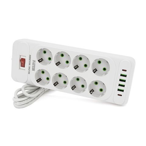 Мережевий фільтр F34U, 8 розеток EU + 4 USB + 2 PD, кнопка включення з індикатором, 2 м, 3х0,75 мм, 2500W, White, Box YT31704 фото