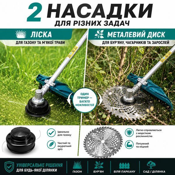 Бензиновий тример MaxPower 52cc, 1.25 кВт / Бензинова мотокоса садова / Бензокоса з ножем, диском та котушкою 945 фото