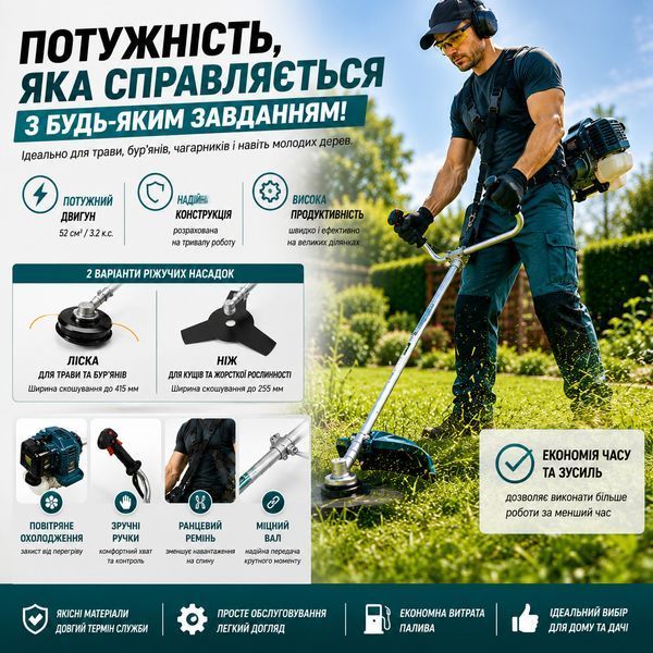 Бензиновий тример MaxPower 52cc, 1.25 кВт / Бензинова мотокоса садова / Бензокоса з ножем, диском та котушкою 945 фото